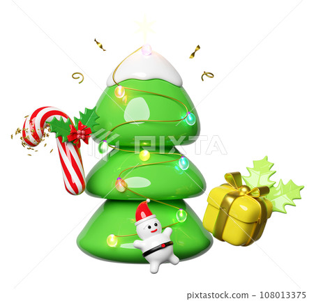 christmas tree with Santa Claus,   candy cane with red bow, holly berry leaves, glass transparent lamp garlands, gift box. merry christmas and happy new year, 3d render illustration 108013375