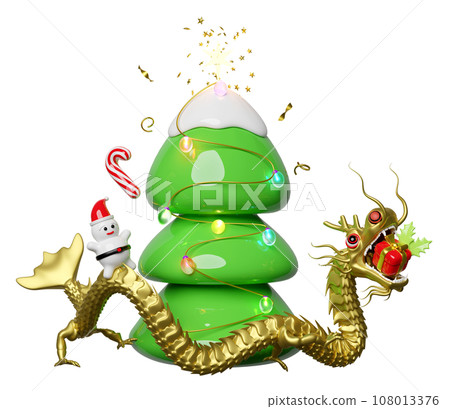 3d gold dragon with christmas tree, glass transparent lamp garlands, gift box, santa claus. merry christmas and happy chinese new year, 3d render illustration 3d gold dragon with christmas tree, glass transparent lamp garlands, gift box, santa claus. merry christmas and happy chinese new year, 3d render illustration 108013376
