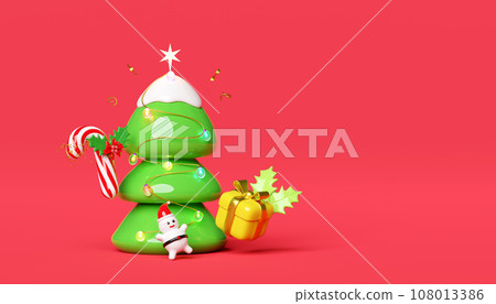christmas tree with Santa Claus, candy cane with red bow, holly berry leaves, glass transparent lamp garlands, gift box. merry christmas and happy new year, 3d render illustration christmas tree with Santa Claus, candy cane with red bow, holly berry leaves, glass transparent lamp garlands, gift box. merry christmas and happy new year, 3d render illustration 108013386
