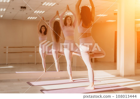 Well looking middle aged sporty woman, fitness instructor in pink sportswear doing stretching and pilates on yoga mat in the studio with mirror. Female fitness yoga. Healthy lifestyle and harmony. 108013444