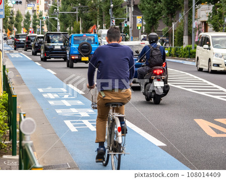 路面上塗有藍色帶子的“普通自行車道” 108014409