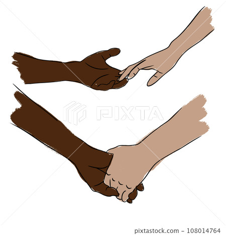 Hand drawn illustration of two human person hands holding idifferent skin colors. Simple minimalist symbol concept in black line outline, skin color diversity, empty space for logo text, friendship Hand drawn illustration of two human person hands holding idifferent skin colors. Simple minimalist symbol concept in black line outline, skin color diversity, empty space for logo text, friendship 108014764