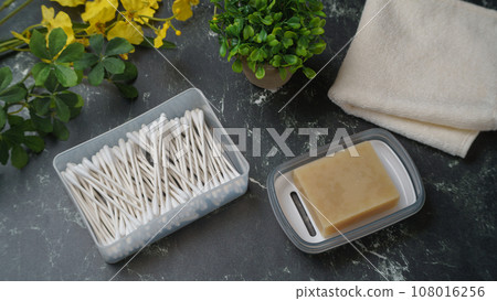 Additive-free bar soap image, soap, cotton swabs, and hand towels Additive-free bar soap image, soap, cotton swabs, and hand towels 108016256