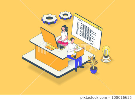 Software programming concept in 3d isometric design. Developer team work with code, testing computer programs and making optimization. Vector illustration with isometry people scene for web graphic 108016635