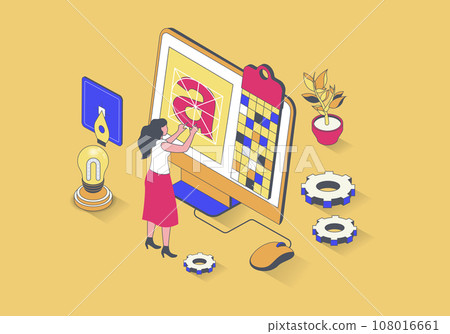 Design studio concept in 3d isometric design. Woman creating logo for branding, drawing digital content and selecting colours palette. Vector illustration with isometry people scene for web graphic 108016661