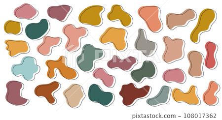 Amoeba blob, organic abstract shape. Set of Liquid amorphous shapes, fluid blotch pastel color with black line. Amoeba blob, organic abstract shape. Set of Liquid amorphous shapes, fluid blotch pastel color with black line. 108017362