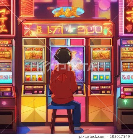 Illustration of a man playing slots at a casino/slot store 108017549