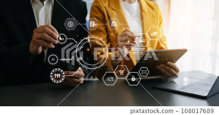 Working team meeting concept, business using laptop and smart phone and digital tablet computer with digital marketing media  in virtual icon network diagram office 108017689