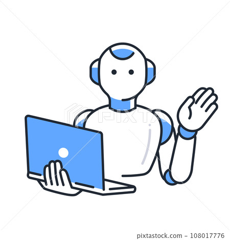 A simple vector illustration material of a humanoid AI robot holding a laptop and guiding you 108017776