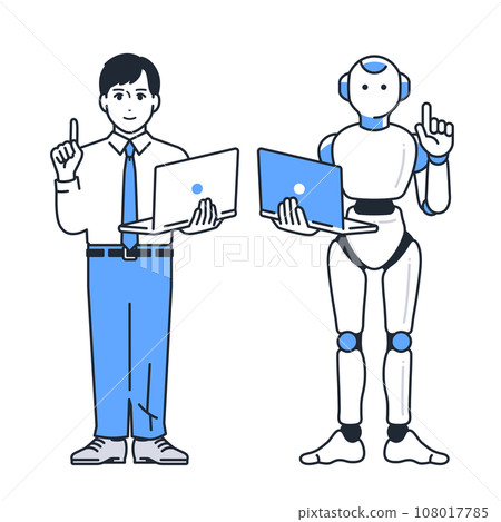 Simple vector illustration set material of an AI robot and a young businessman standing with a laptop Simple vector illustration set material of an AI robot and a young businessman standing with a laptop 108017785