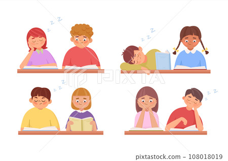 Set of children girls and boys sitting in the classroom and reading books. Sleeping kids in the classroom. Little pupil at school, education concept Set of children girls and boys sitting in the classroom and reading books. Sleeping kids in the classroom. Little pupil at school, education concept 108018019