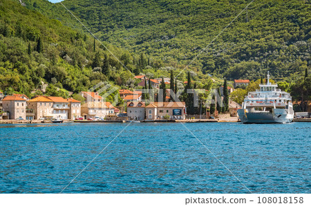 Panorama of historic town Lepetane with ferry between Lepetane-Kamenari in Montenegro 108018158