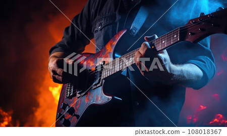 man playing guitar on a stage musical concert close-up view man playing guitar on a stage musical concert close-up view 108018367