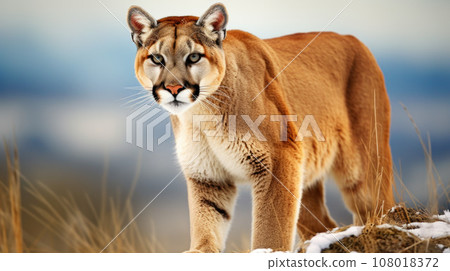 Portrait of Beautiful Puma in autumn forest. American cougar - mountain lion, striking pose, scene in the woods Portrait of Beautiful Puma in autumn forest. American cougar - mountain lion, striking pose, scene in the woods 108018372