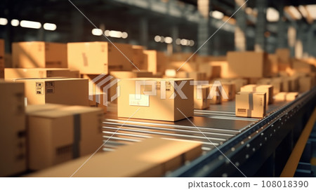 Cardboard boxes on conveyor rollers ready to be shipped by courier for distribution 108018390