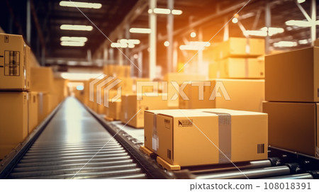 Cardboard boxes on conveyor rollers ready to be shipped by courier for distribution 108018391