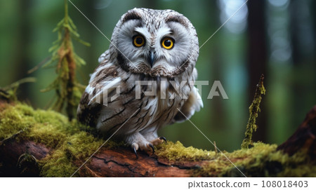 Wild Boreal or Tengmalm's Owl active in daylight, in the open, full body visible Wild Boreal or Tengmalm's Owl active in daylight, in the open, full body visible 108018403