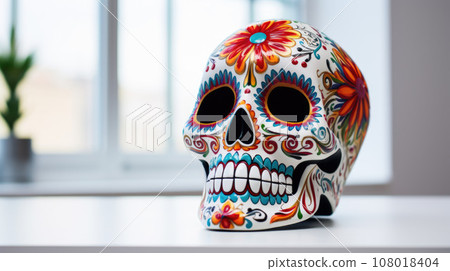 Typical Mexican skull painted isolated on white background. Panorama view. Dia de los muertos 108018404