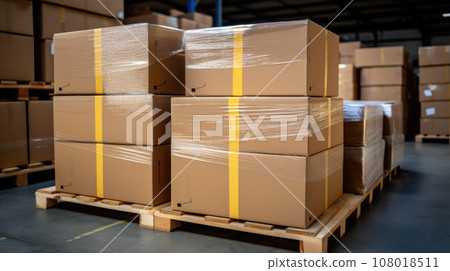 Retail Warehouse full of Shelves with Goods in Cardboard Boxes and Packages. 108018511