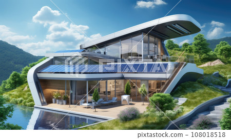 Modern energy-efficient house with solar panels on the roof 108018518