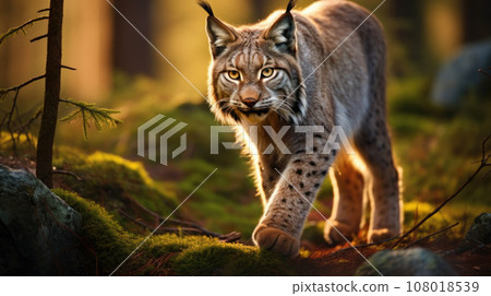 Lynx in winter. Young Eurasian lynx, walks in snowy beech forest. Beautiful wild cat in nature Lynx in winter. Young Eurasian lynx, walks in snowy beech forest. Beautiful wild cat in nature 108018539