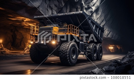 Large quarry dump truck. Big yellow mining truck at work site. Large quarry dump truck. Big yellow mining truck at work site. 108018551