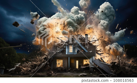 Collapsed after explosion rural house 108018563