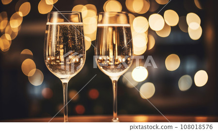 Two glasses of champagne toasting in the nigh with lights bokeh, glitter and sparks on the background 108018576