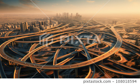 Aerial drone top view photo of highway multilevel junction interchange road 108018594