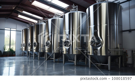 Modern wine factory with large shine tanks for the fermentation 108018597