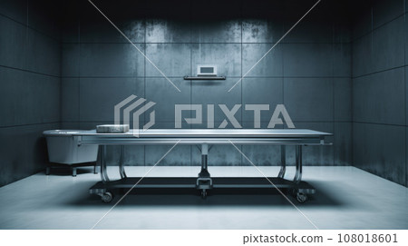 Empty metal bed in autopsy room. The table for dead body. Forensic doctor 108018601