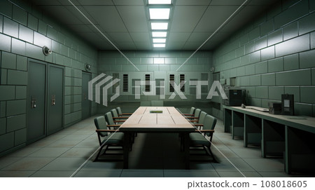 An empty Table and chair with in interrogation room, Investigation room concept An empty Table and chair with in interrogation room, Investigation room concept 108018605