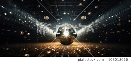 Disco ball scatters blue light in a dark room 108018616