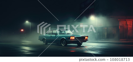 Retro car on night street. Neon color Retro car on night street. Neon color 108018713