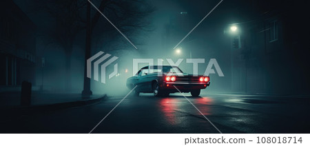 Retro car on night street. Neon color Retro car on night street. Neon color 108018714