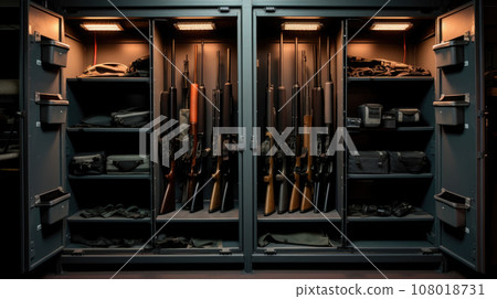 Safe for firearms. The inside of a gun cabinet. Safe storage of rifles, carbines, pistols. Black interior and gun holders. Safe for firearms. The inside of a gun cabinet. Safe storage of rifles, carbines, pistols. Black interior and gun holders. 108018731