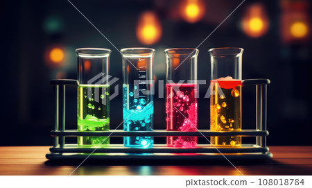 Group of test tubes with a colored reagents in a rack 108018784