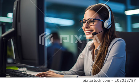 Friendly call center agent answering incoming calls with a headset, providing customer service remotely. 108018787