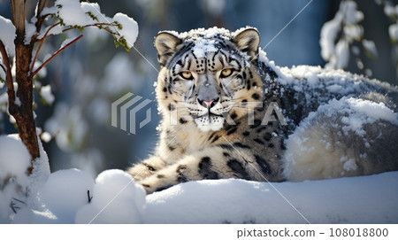 Snow leopard with long taill, sitting in nature stone rocky mountain habitat 108018800