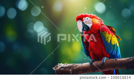 Red parrot Scarlet Macaw, Ara macao, bird sitting on the branch, Colombia. Beautiful parrot on green tree in nature habitat. Red parrot Scarlet Macaw, Ara macao, bird sitting on the branch, Colombia. Beautiful parrot on green tree in nature habitat. 108018814