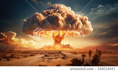 Terrible explosion of a nuclear bomb with a mushroom in the desert. Hydrogen bomb test 108018841