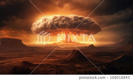 Terrible explosion of a nuclear bomb with a mushroom in the desert. Hydrogen bomb test Terrible explosion of a nuclear bomb with a mushroom in the desert. Hydrogen bomb test 108018843