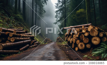 Log stacks along the forest road. Forest pine and spruce trees. 108018865