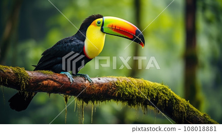Keel-billed Toucan, Ramphastos sulfuratus, bird with big bill sitting on the branch in the forest, Keel-billed Toucan, Ramphastos sulfuratus, bird with big bill sitting on the branch in the forest, 108018881