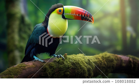 Keel-billed Toucan, Ramphastos sulfuratus, bird with big bill sitting on the branch in the forest, Keel-billed Toucan, Ramphastos sulfuratus, bird with big bill sitting on the branch in the forest, 108018882