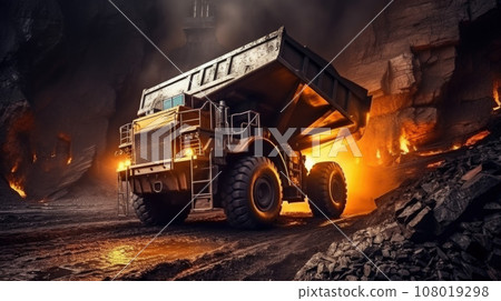 Large quarry dump truck. Big yellow mining truck at work site. 108019298