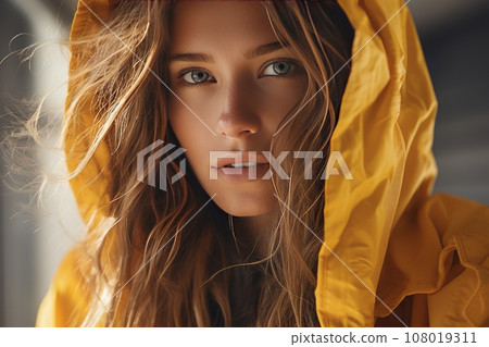 Close-up portrait of a beautiful young woman wearing a yellow raincoat with a hood during the rain outside. Attractive Caucasian girl with a confident and dreamy expression during the rainy weather. 108019311
