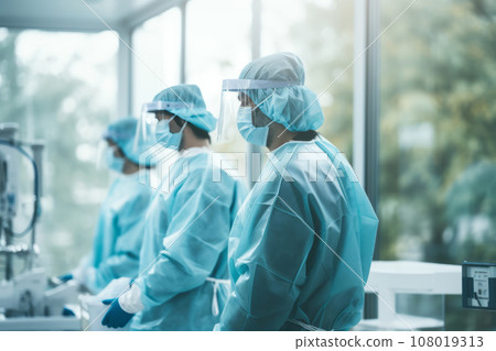 General view of a medical ward in a hospital. Doctors and healthcare workers in personal protective equipment take care of patients, fight infection during a pandemic, using modern medical equipment. 108019313