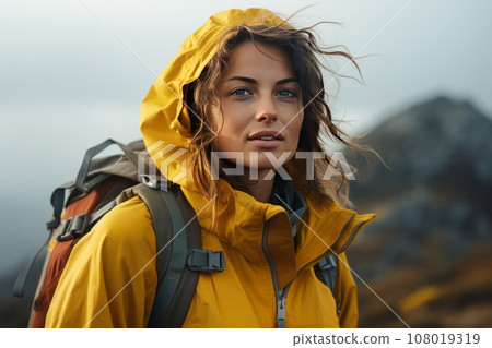 Portrait of a beautiful young woman in yellow jacket with a backpack against the backdrop of picturesque mountains. Female tourist is engaged in hiking. Active lifestyle, travel and trekking concept. 108019319