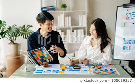 View of UI developer team brainstorming on their project with laptop, smartphone and digital tablet. Creative digital development agency.. 108019337